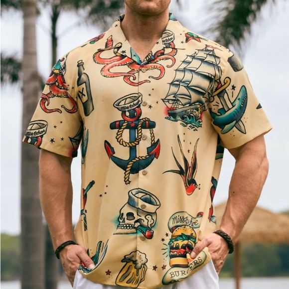 NWT, Hardaddy, Hardaddy Mens Hawaiian Sailing Print Camp Collar Loose Polo, L - Picture 2 of 7